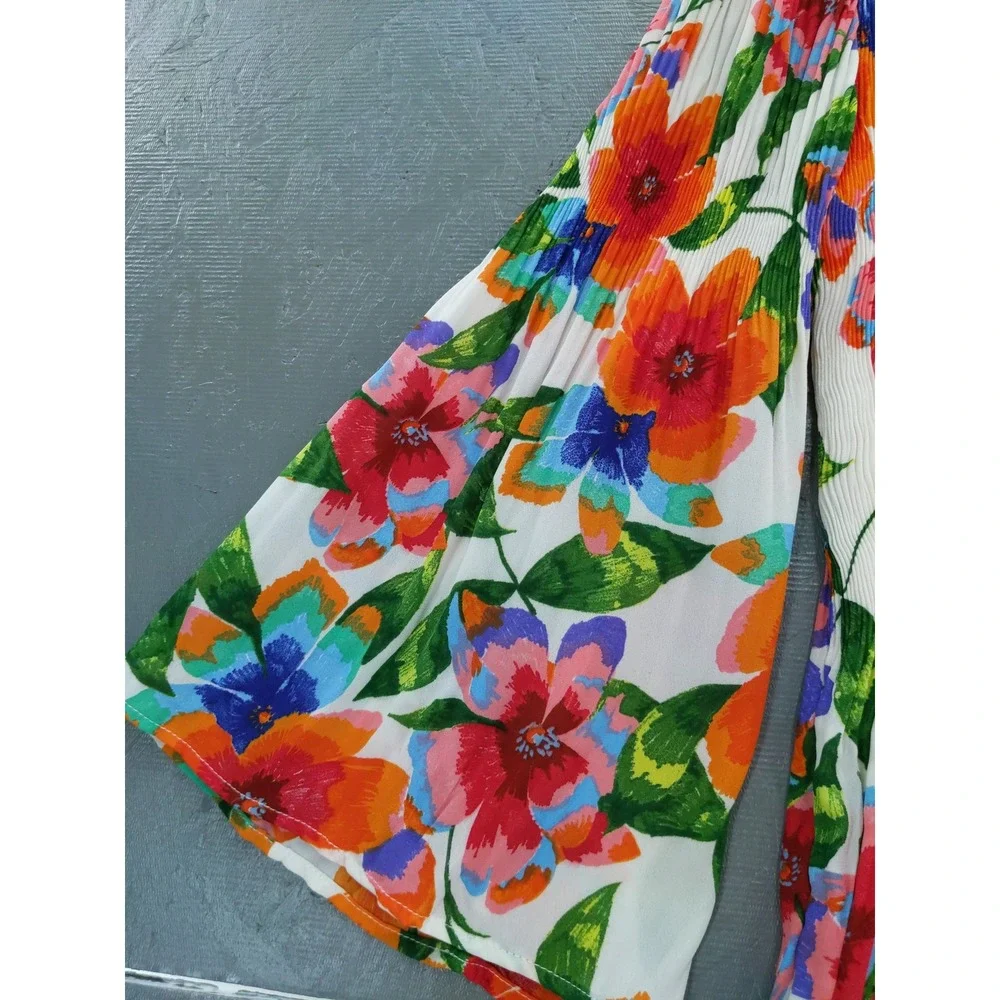 Sunny Leigh Floral‎ Print Pleated Bell Sleeve Dress Multicolor Size M